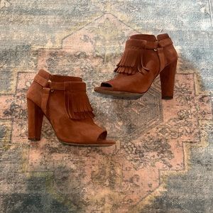 Delman "Dean" Brown Suede Fringe Open Toe Bootie 3.75 inch heel height, size 8.5